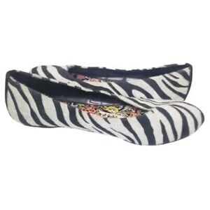Ed Hardy Womens Black & White Zebra Print Calf Hair Upper Slip On Ballet Flats